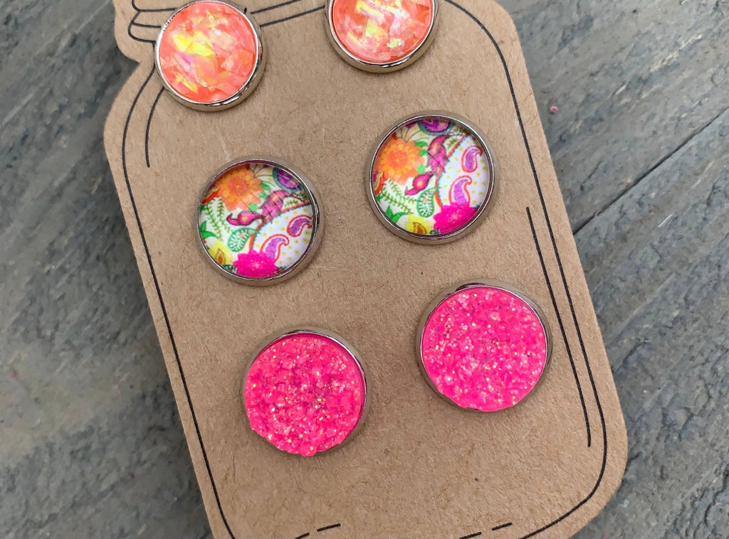 Pink and Coral Floral Earring 3-Pack