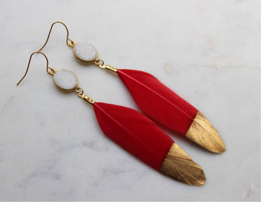 Druzy Feather Earrings - Red