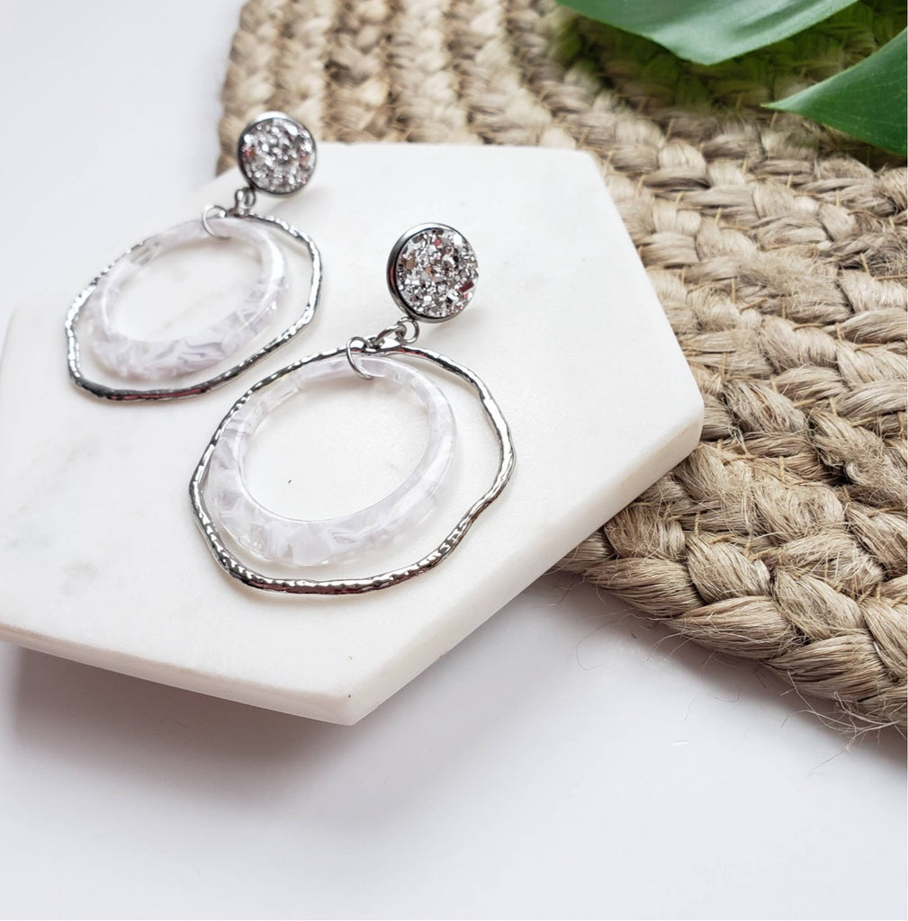 Caroline - Silver Druzy and Acrylic Earrings